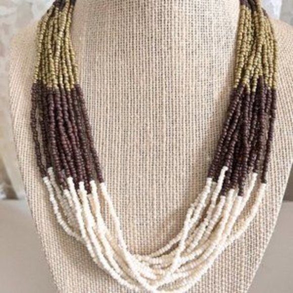 Brown Cream & Gold Multi Strand Seed Beaded Necklace and Earring Set - OS - Picture 5 of 8